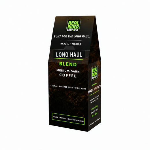 Real Rider Long Haul coffee packaging with upright logo and clear flap lettering