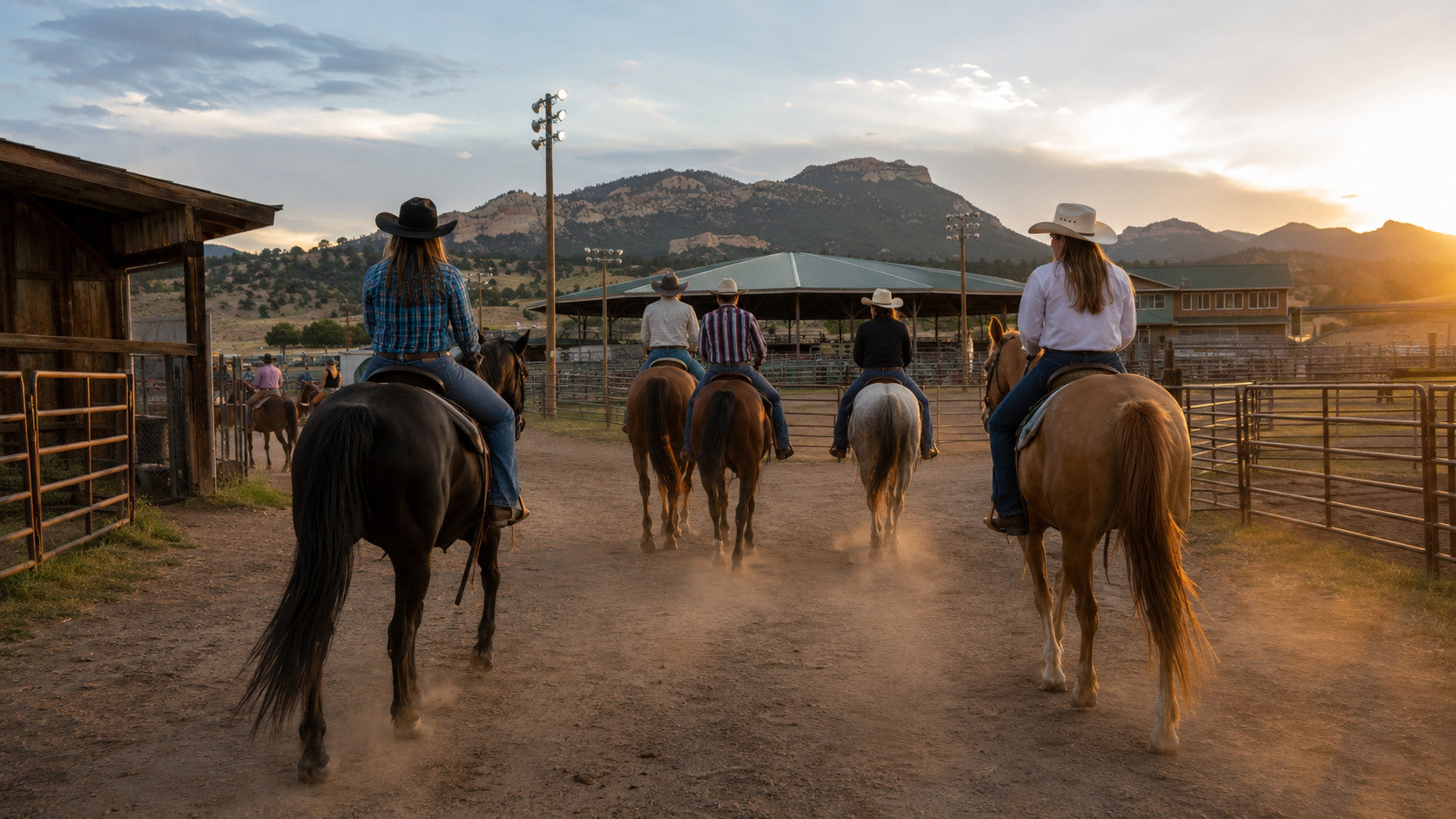 Western riders entering a county rodeo arena near Castle Rock, Colorado
