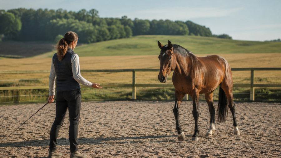 Adult trainer working calmly at liberty with a relaxed horse in an outdoor round pen