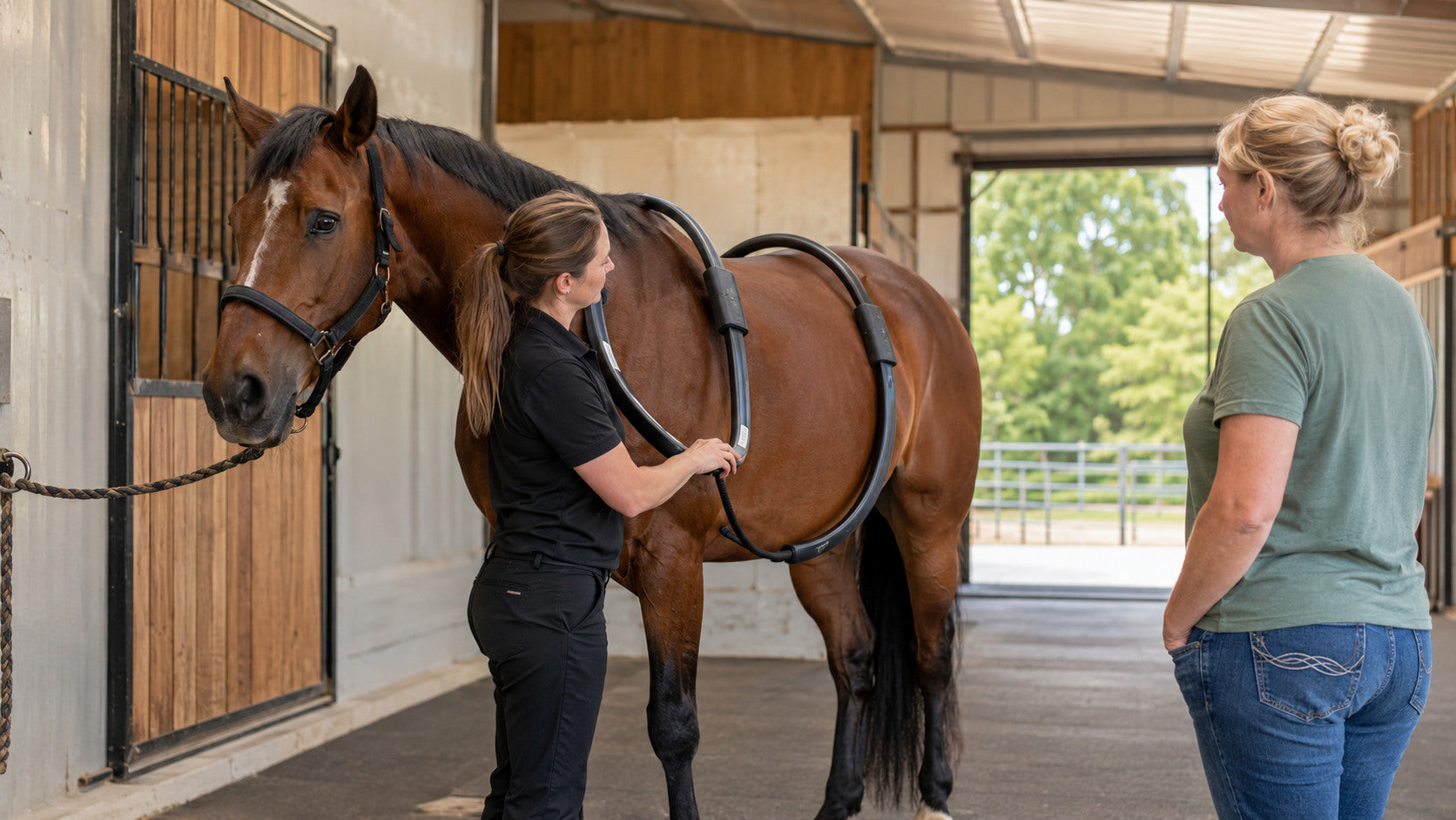 Equine rehabilitation professional conducting a PEMF session on a calm horse