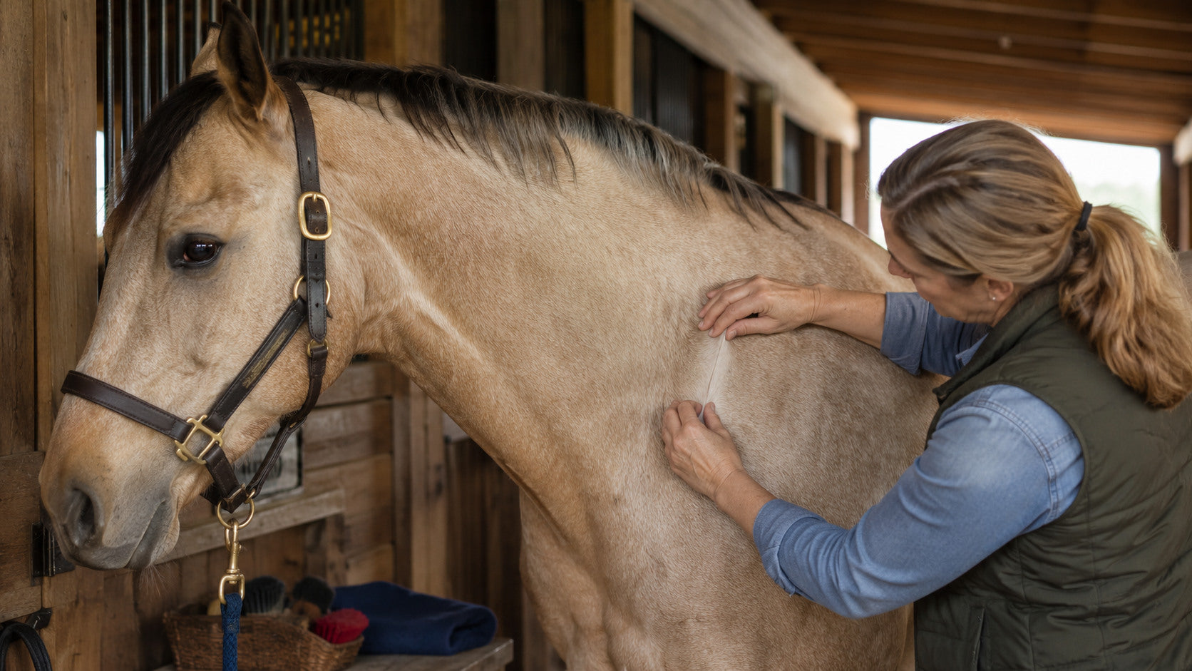 Horse owner parting the coat during a routine equine skin check