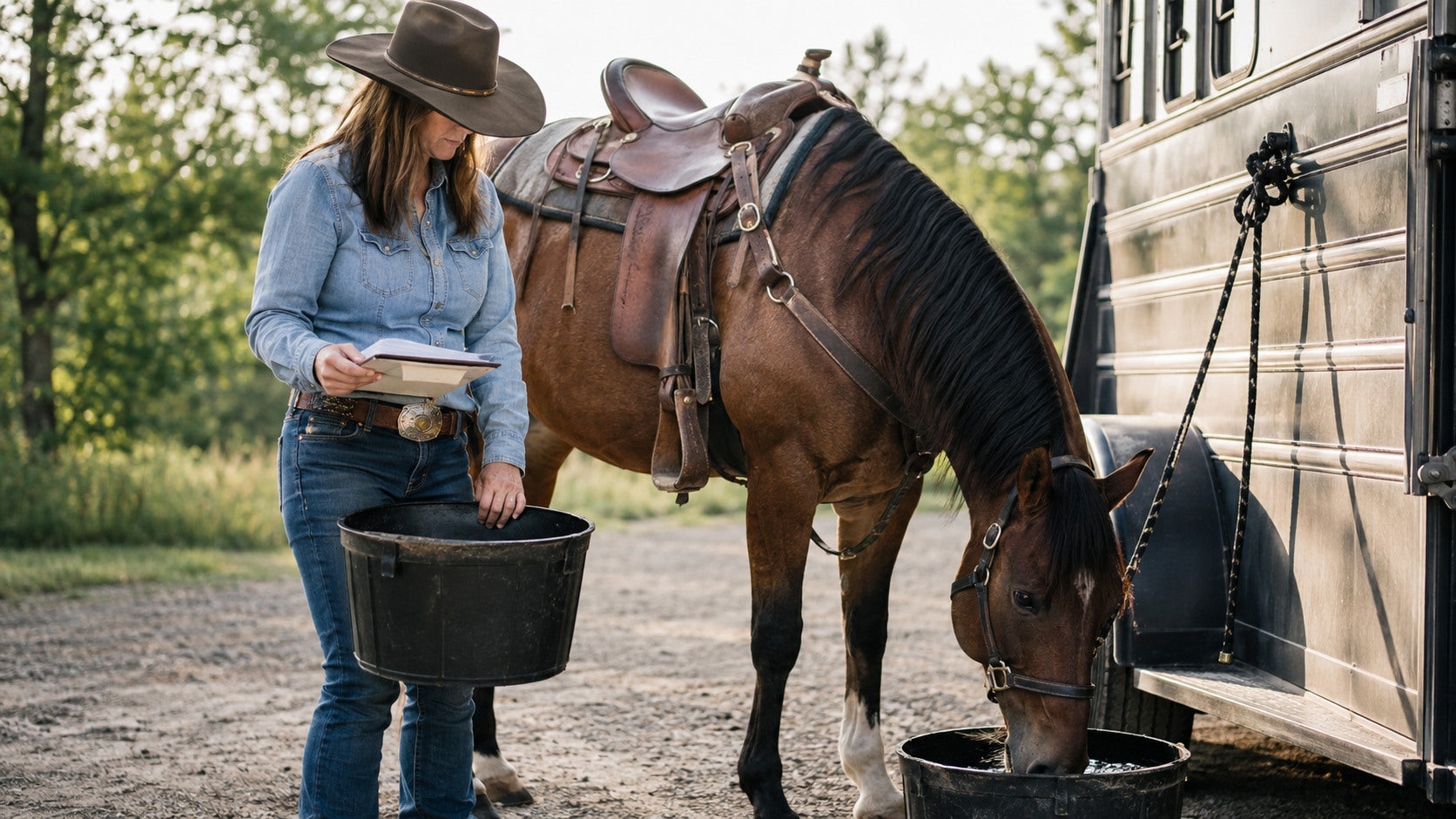 Horse drinking clean water beside a trailer during a travel hydration check