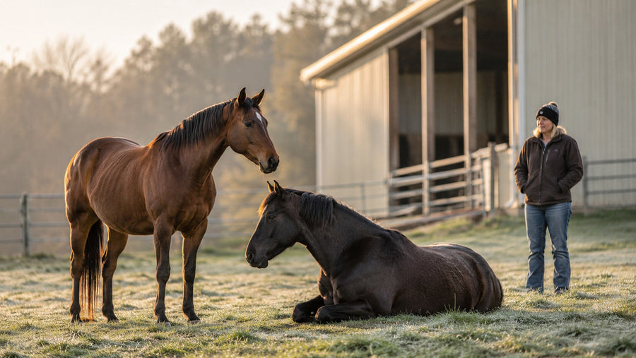 Handler observing two horses during a calm turnout routine