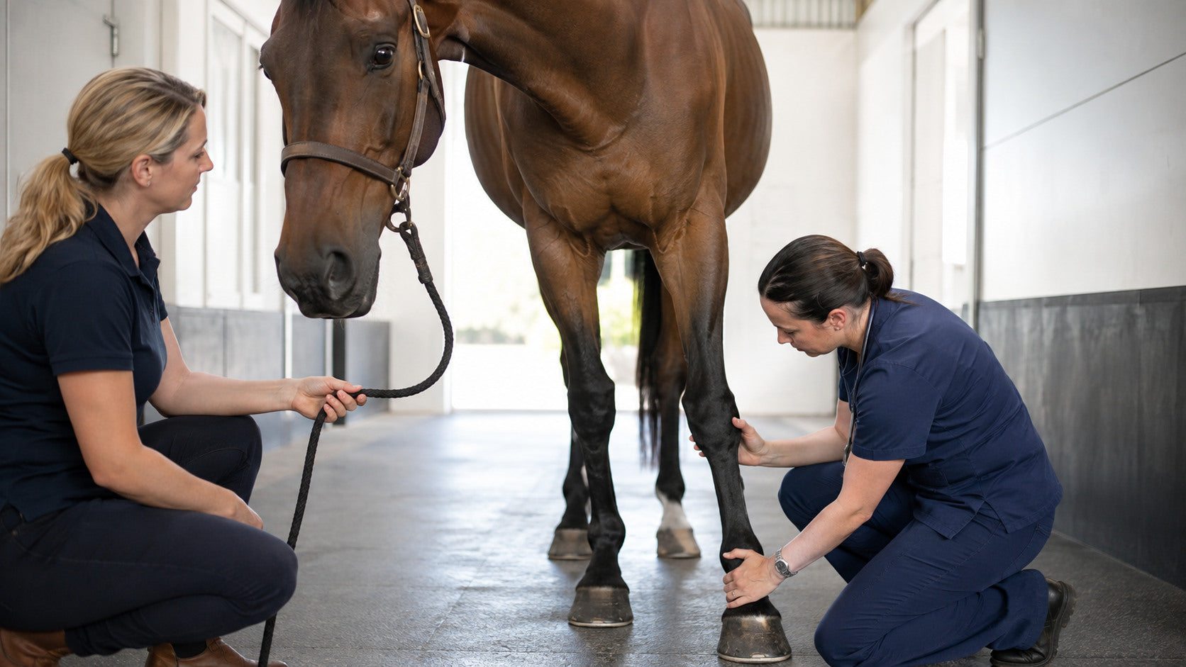 Equine veterinarian examining a horse's lower foreleg while a handler holds the horse