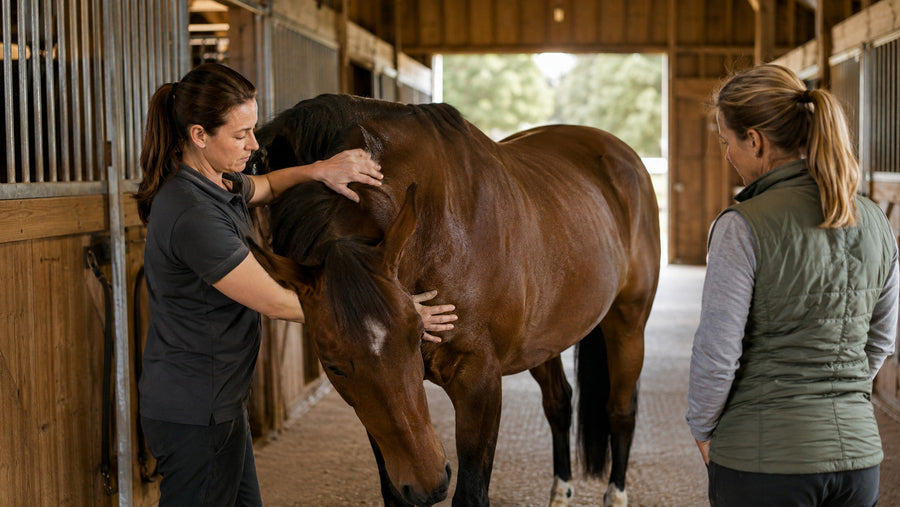 Equine bodyworker performing a gentle shoulder and neck massage on a calm horse