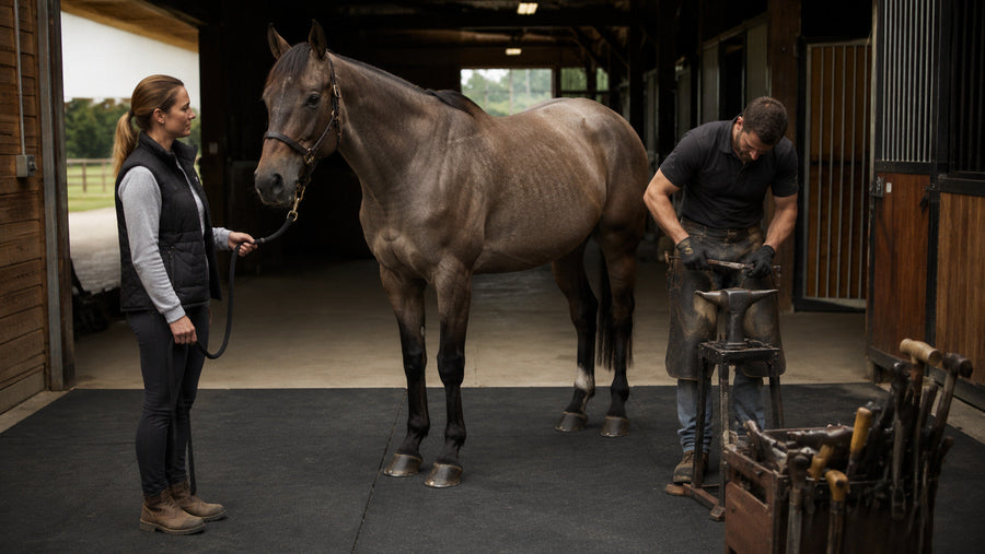 Handler holding a calm horse in a clean, well-lit farrier work area
