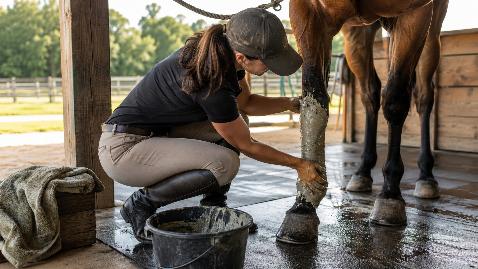 Rider applying a poultice evenly to a horse's clean lower leg