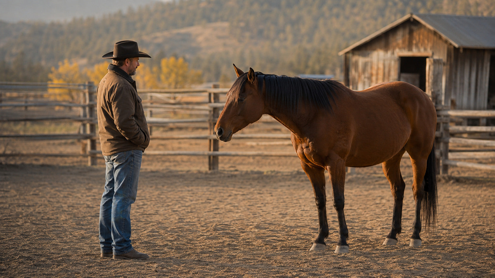 Male horse trainer calmly observing a relaxed horse in an outdoor ranch arena