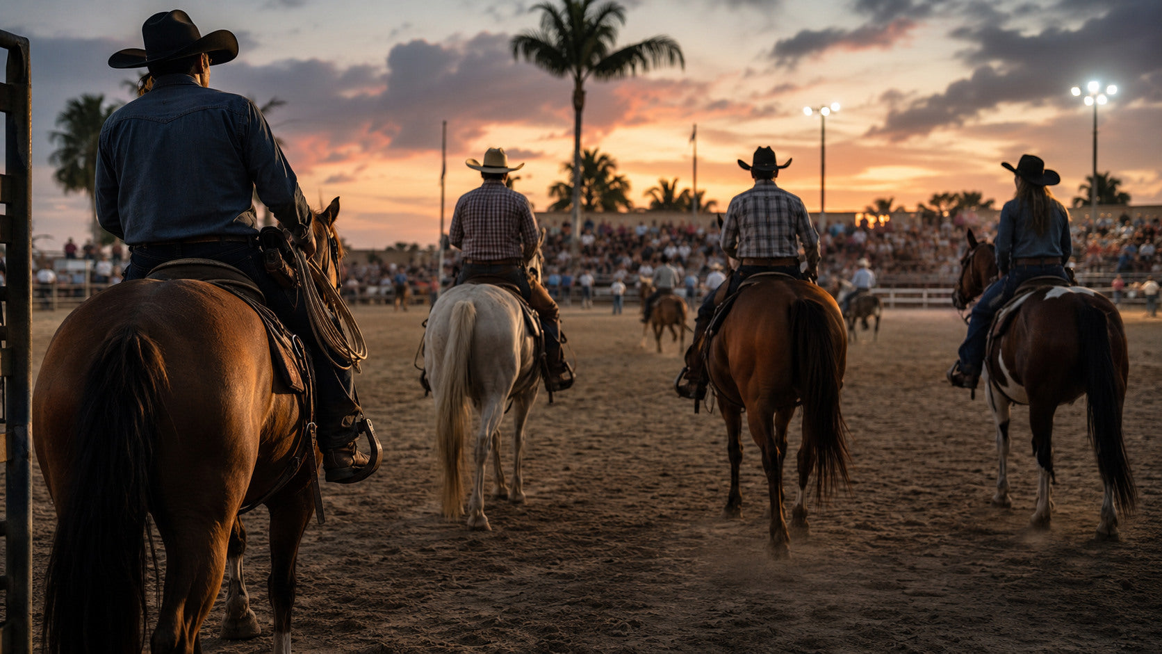 Western riders entering a Florida rodeo arena at sunset