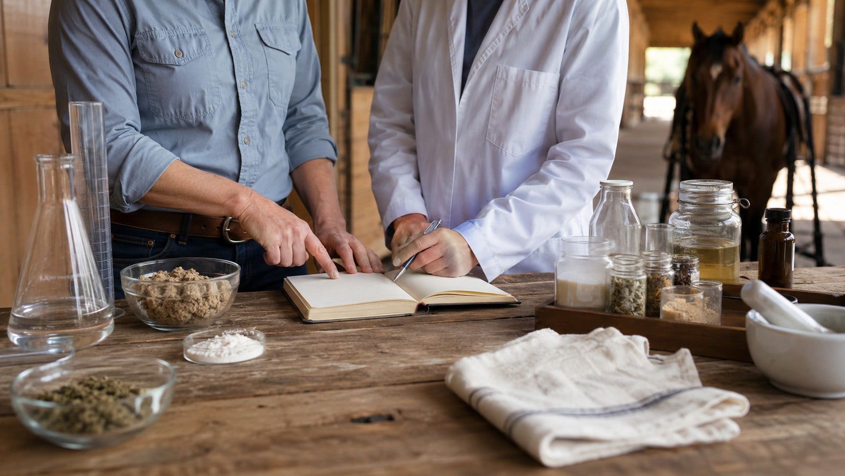 Equine care professionals reviewing a topical formulation in a working barn