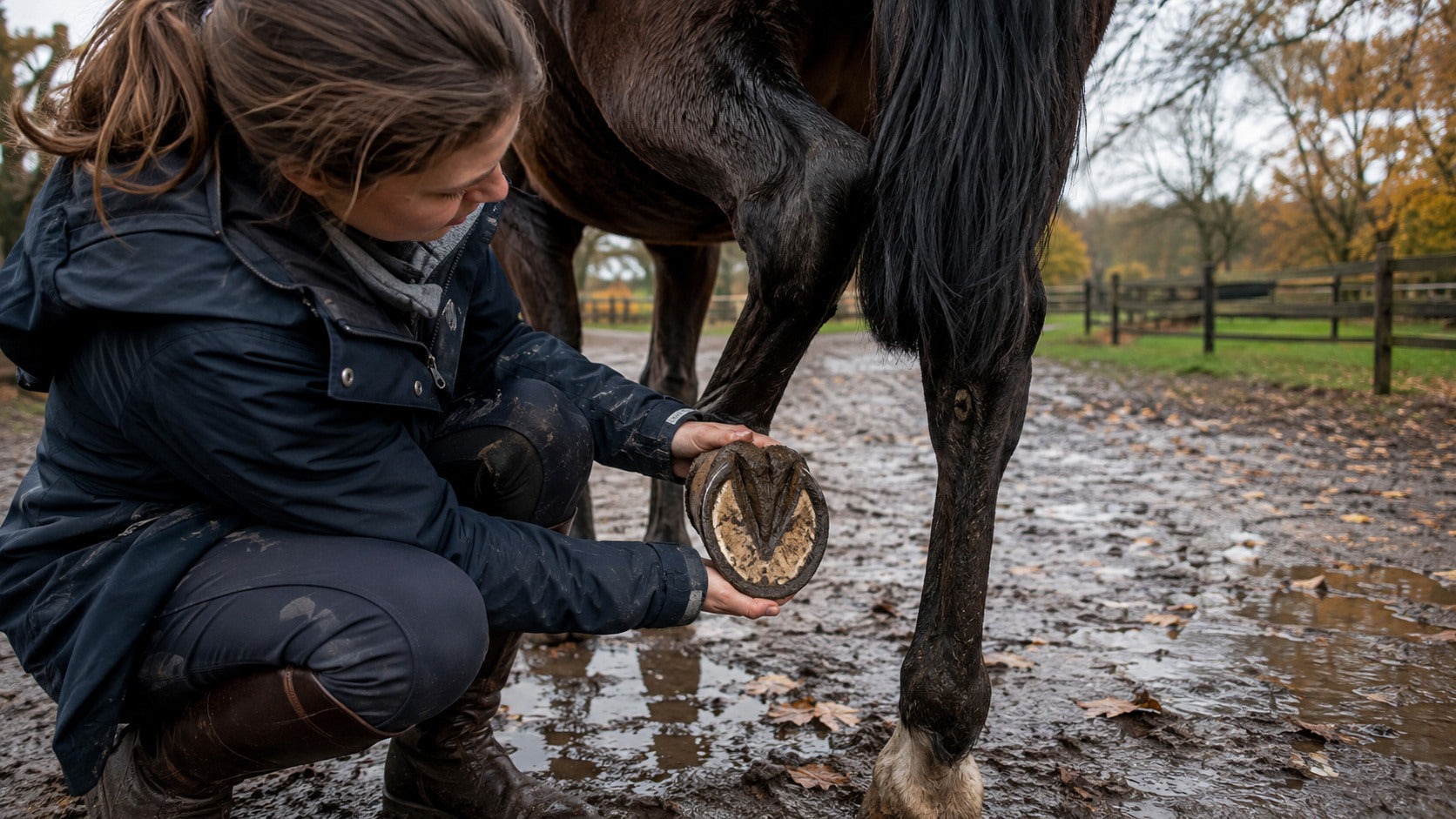 Horse owner inspecting a lifted hoof beside a muddy autumn paddock