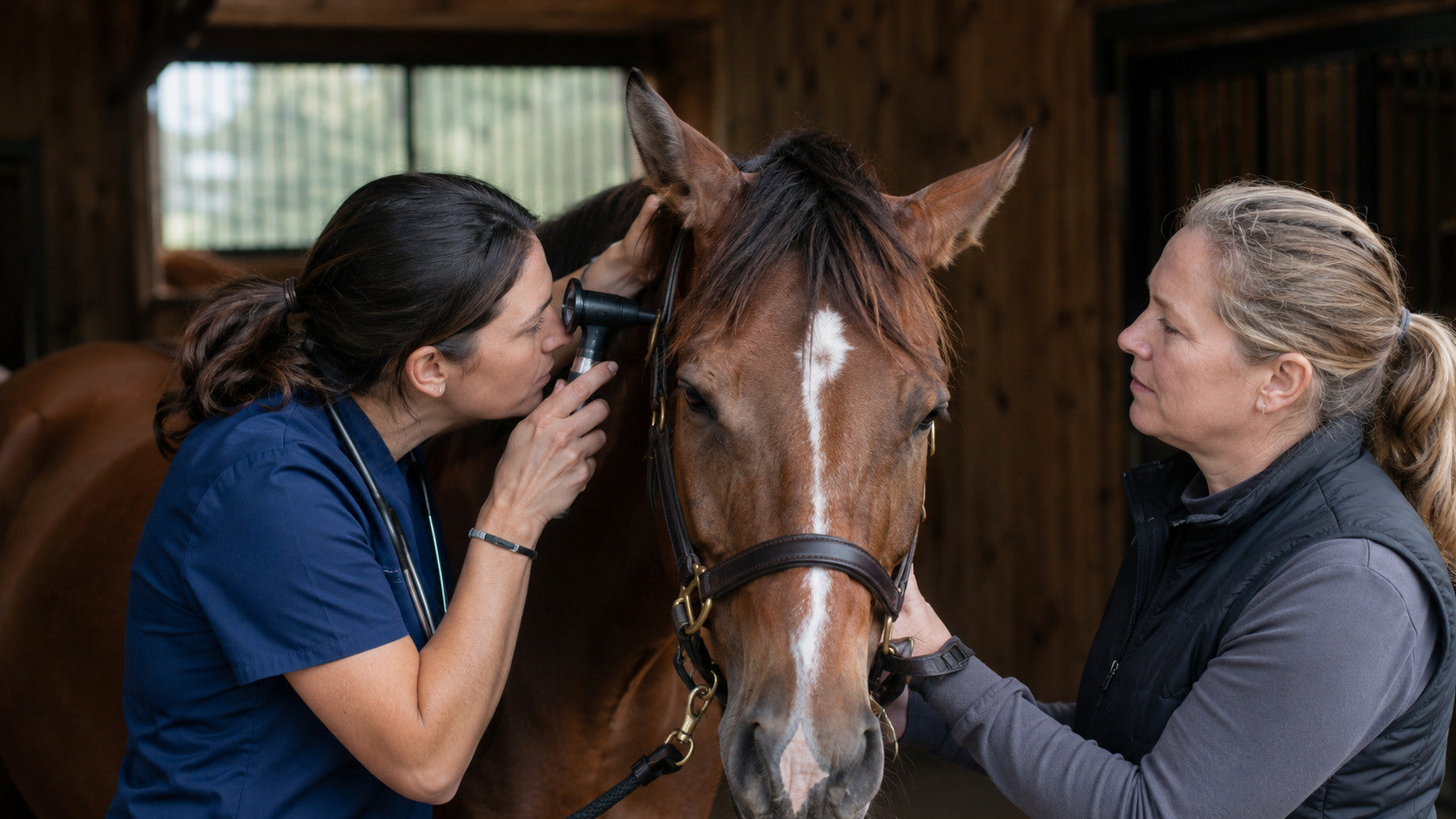 Veterinarian examining a horse's ear while a handler provides support