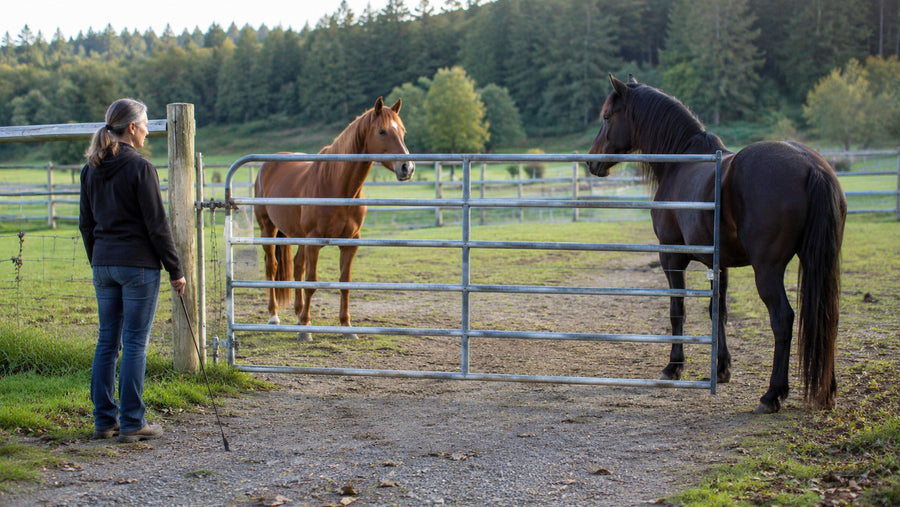 Handler observing two safely separated horses at a pasture gate