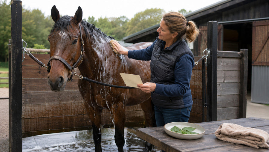 Horse owner bathing a bay horse while reviewing grooming ingredient context