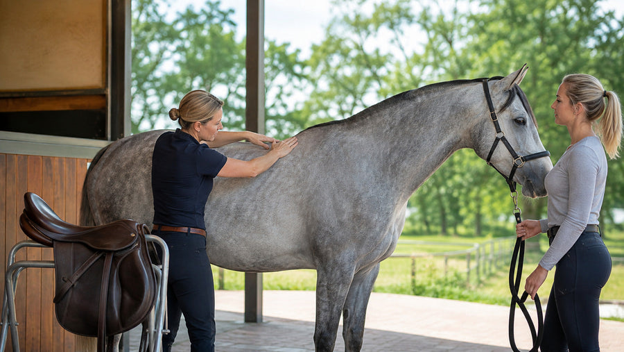 Saddle fitter checking a horse's back and saddle placement