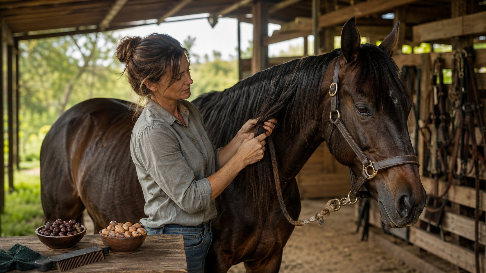 Horse owner detangling a mane during a jojoba and argan grooming guide