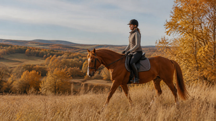 Helmeted rider walking a chestnut horse through open autumn countryside