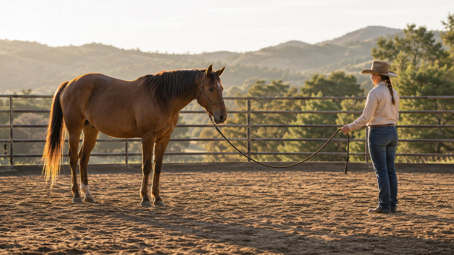 Horse owner practicing calm groundwork in a quiet arena