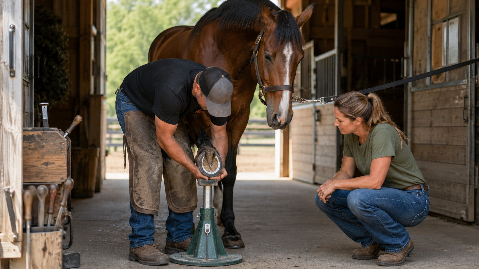 Farrier and horse owner inspecting a freshly cleaned hoof on a stand