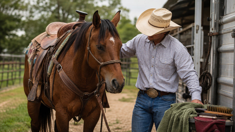 Western rider checking a horse's coat beside a trailer after competition