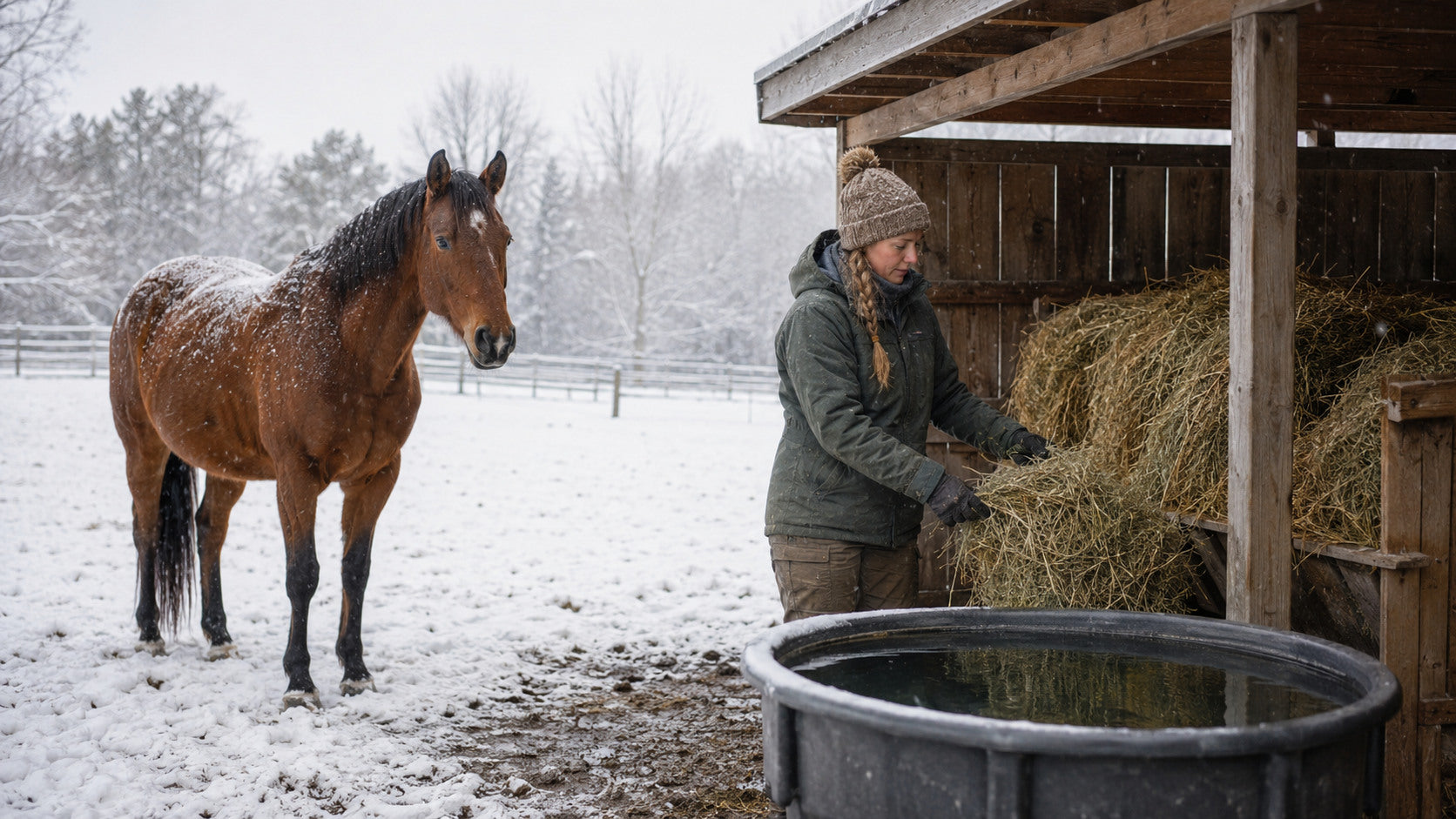 Horse owner checking hay, water, and shelter in a snowy paddock