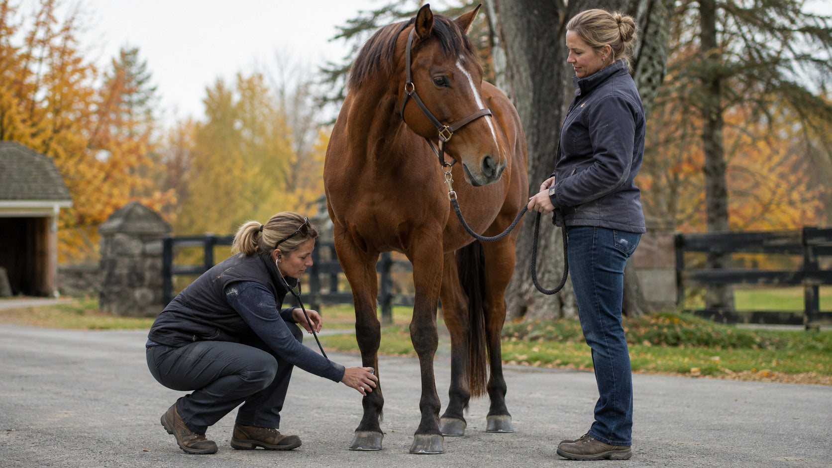 Equine veterinarian checking a horse's digital pulse during an autumn assessment
