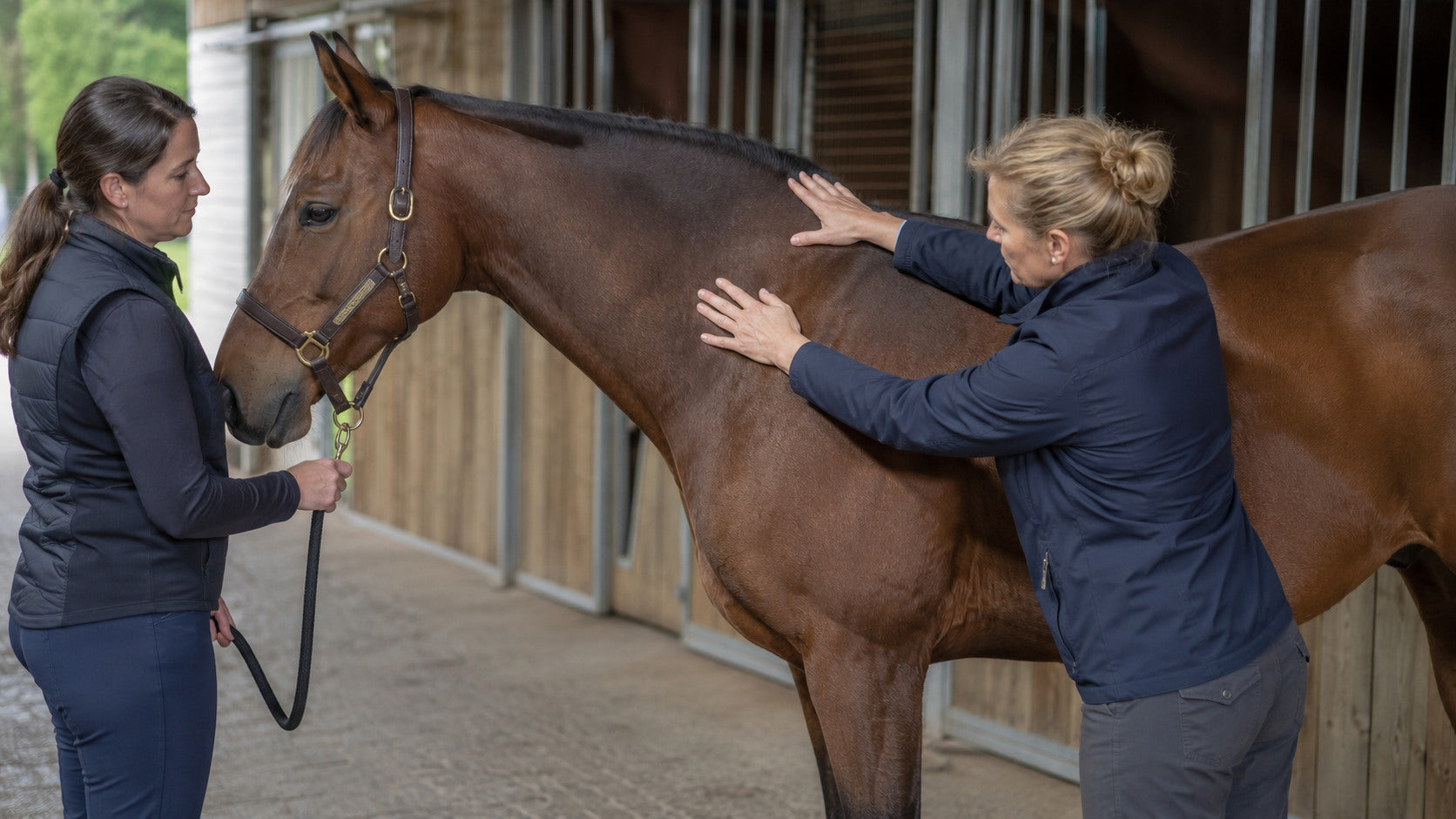 Qualified practitioner performing a gentle horse back assessment
