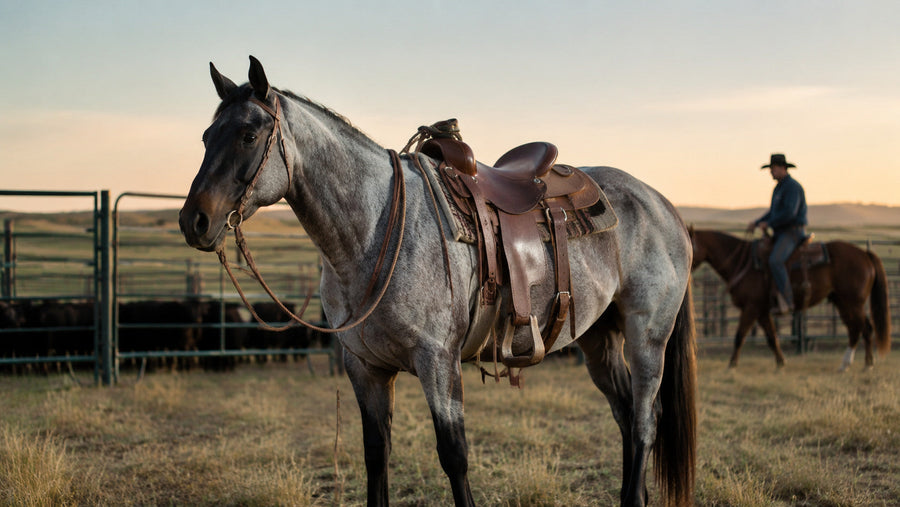 Blue roan ranch Quarter Horse representing Hancock bloodline heritage