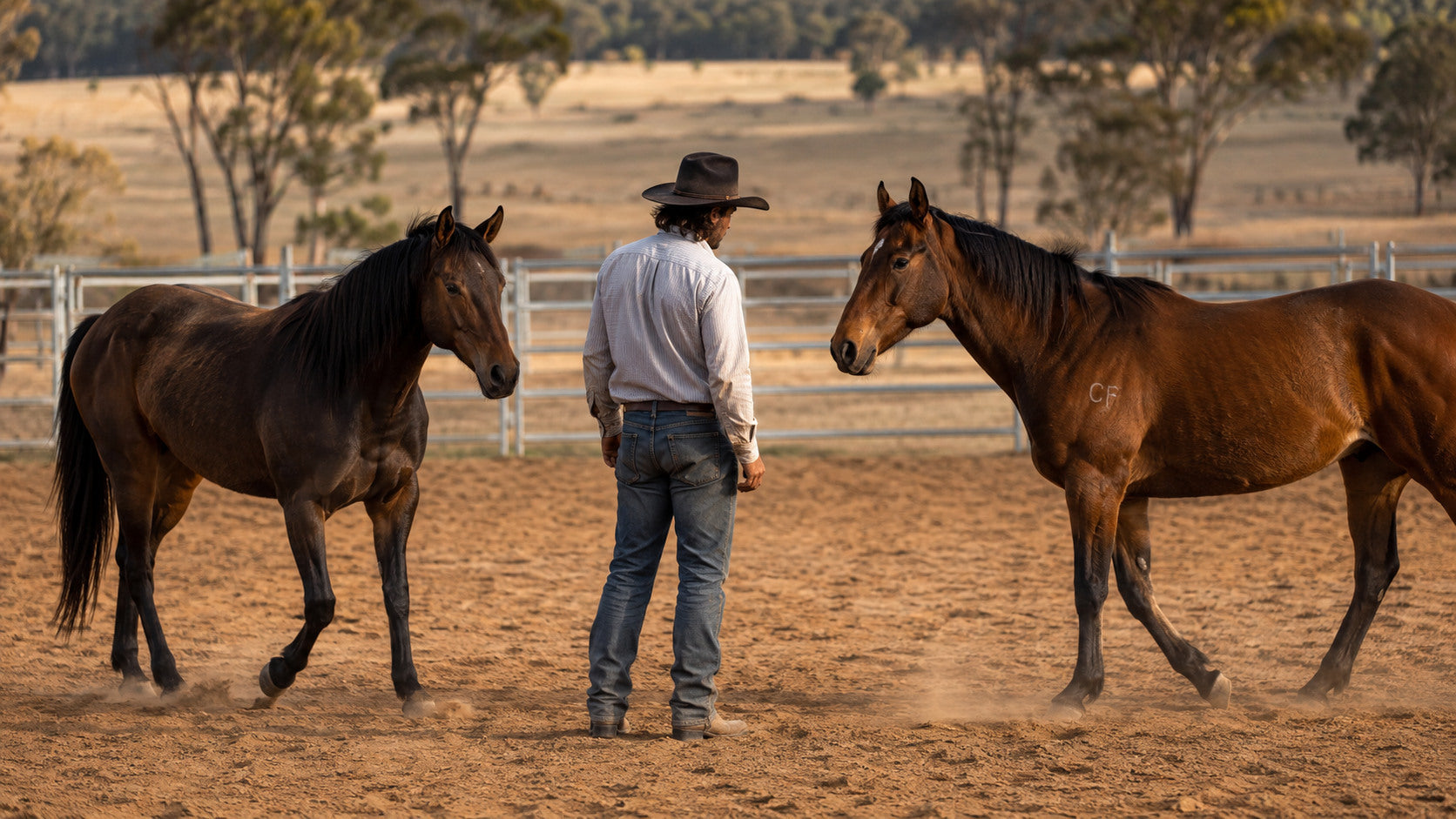 Australian stock horseman standing calmly with two horses at liberty in an arena