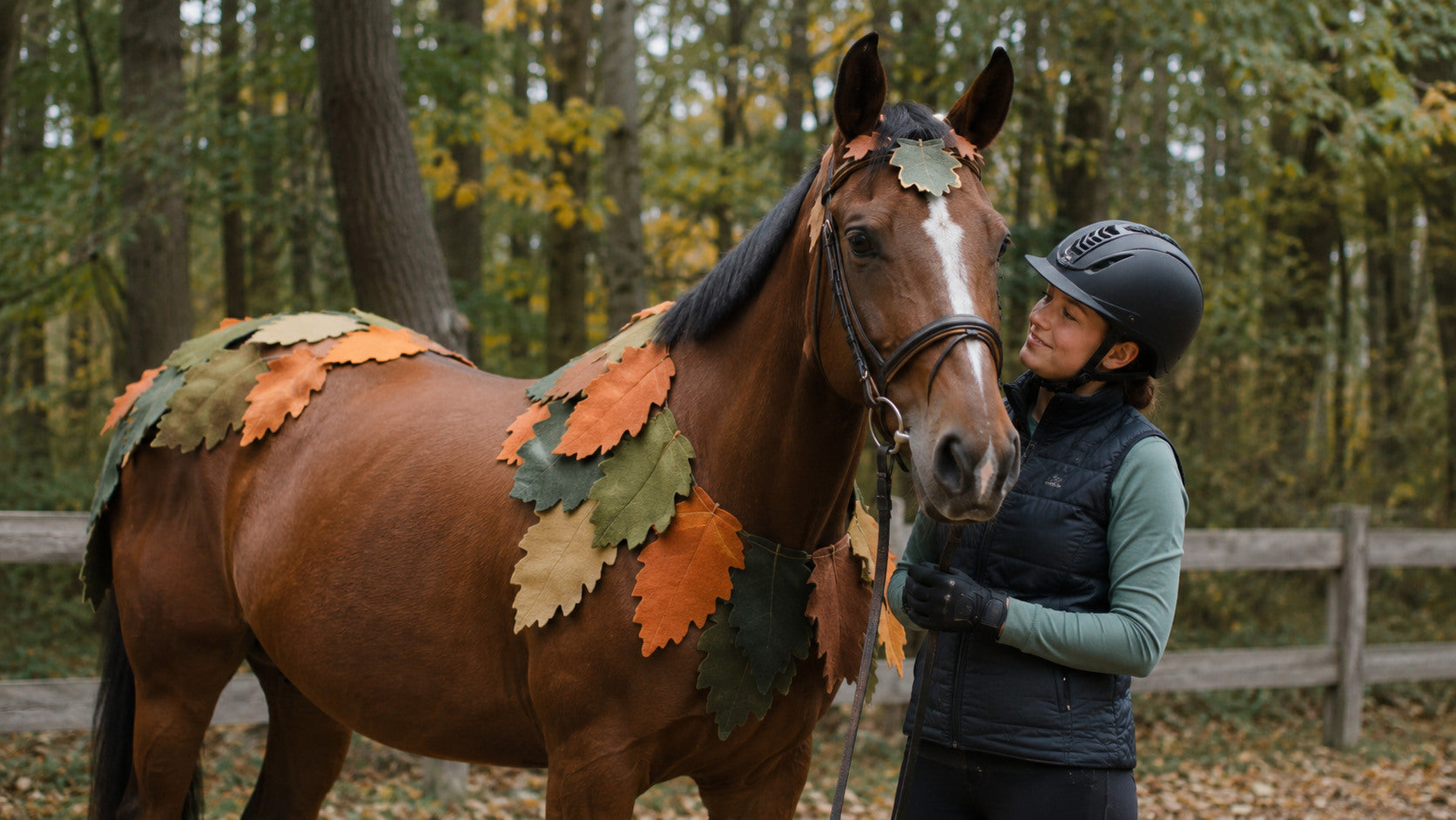Calm horse wearing a simple leaf-themed Halloween costume with a helmeted handler