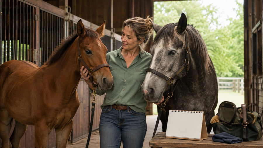 Horse owner standing with a young horse and an older horse in a barn