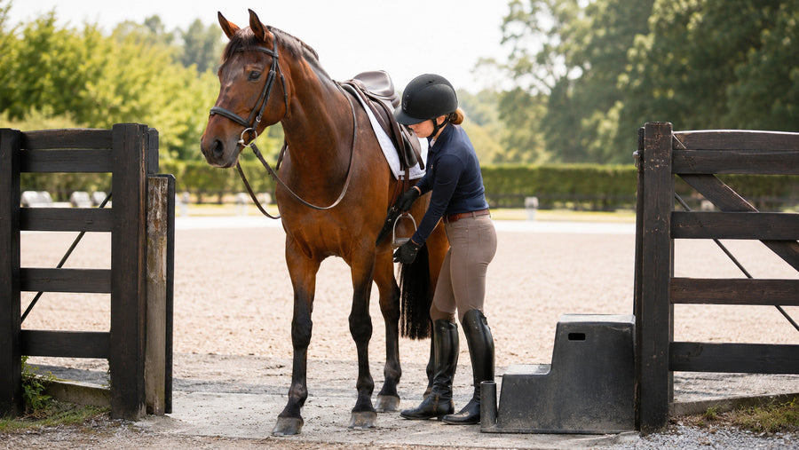 Helmeted rider checking tack and girth before mounting