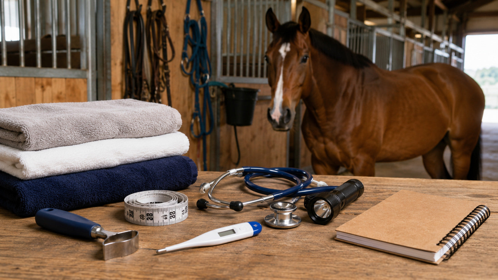 Hoof pick, thermometer, weight tape, stethoscope, and towels arranged in a barn