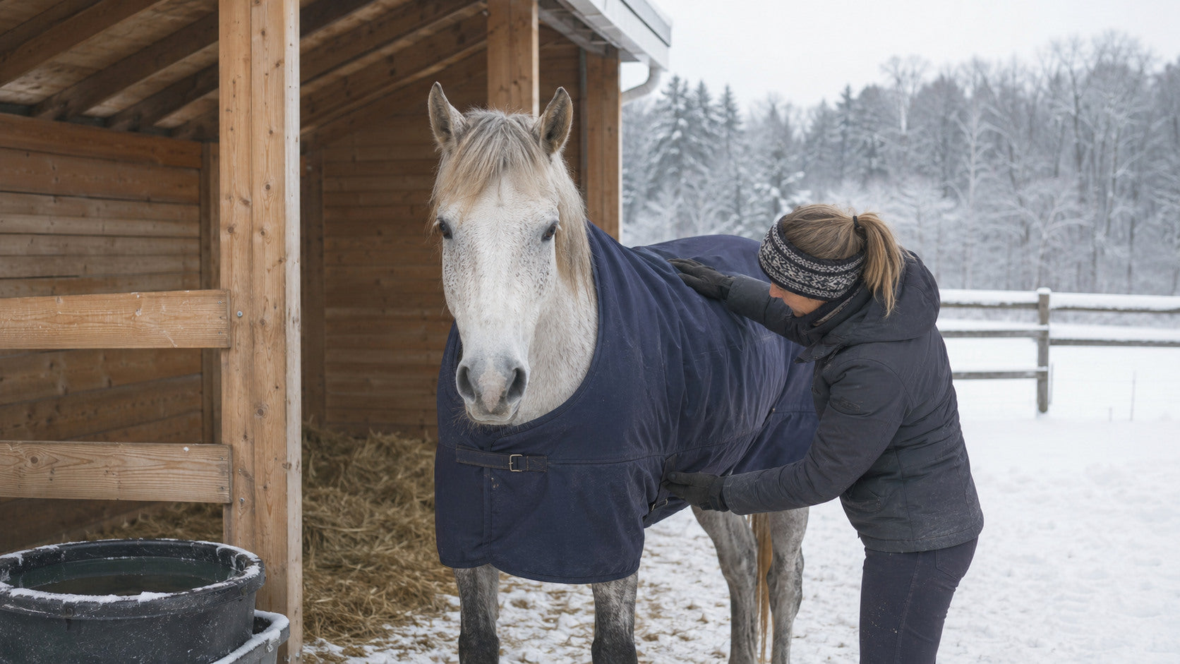 Owner checking the blanket and body condition of an older gray horse in winter