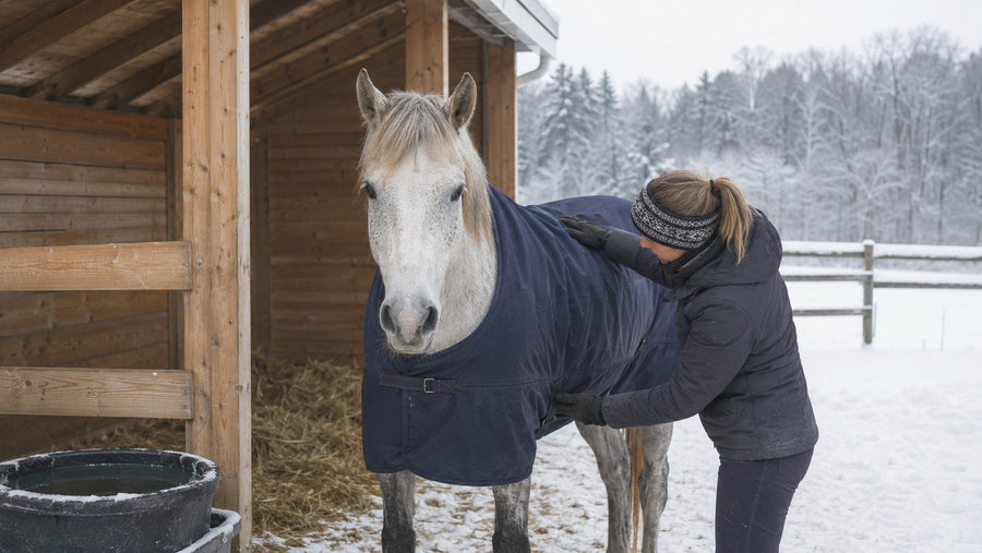Owner checking the blanket and body condition of an older gray horse in winter