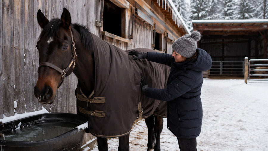 Horse owner checking blanket fit beside a snow-covered barn