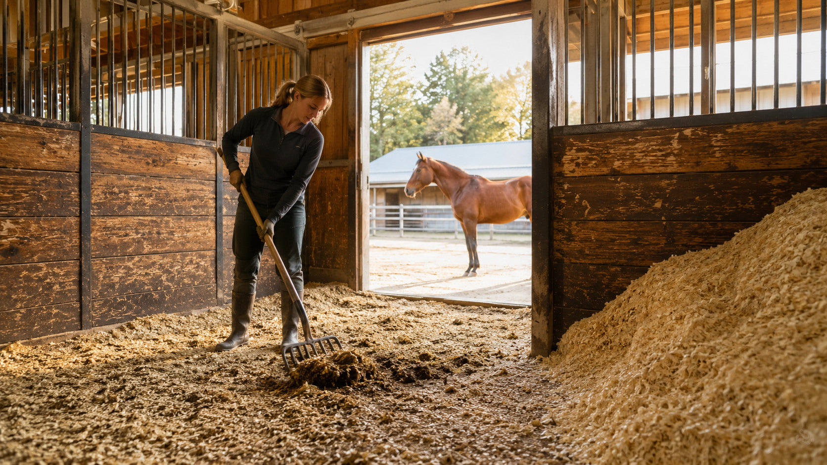 Barn worker removing soiled bedding from a bright, well-ventilated horse stall