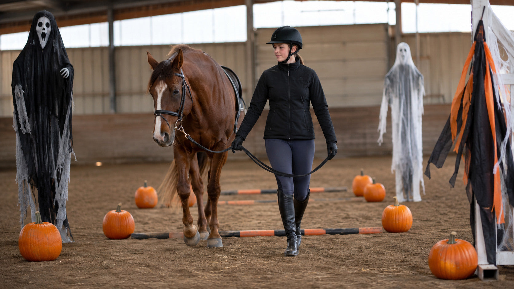 Horse and helmeted handler walking through a safe Halloween obstacle course