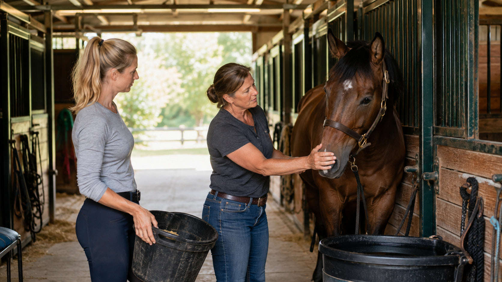Experienced horse owner teaching a new owner a calm barn routine