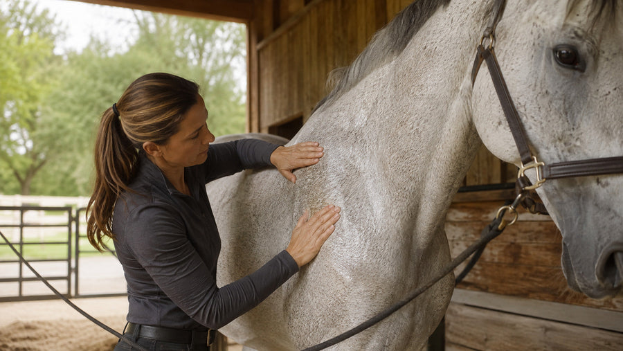 Horse owner performing a gentle post-work shoulder check on a gray horse
