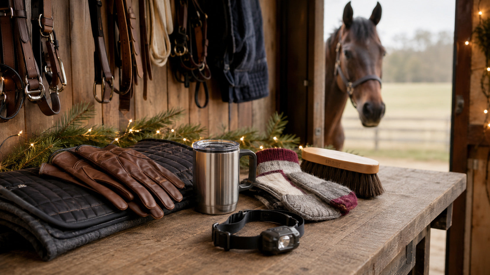 Practical unbranded holiday gifts arranged on a cozy tack-room workbench