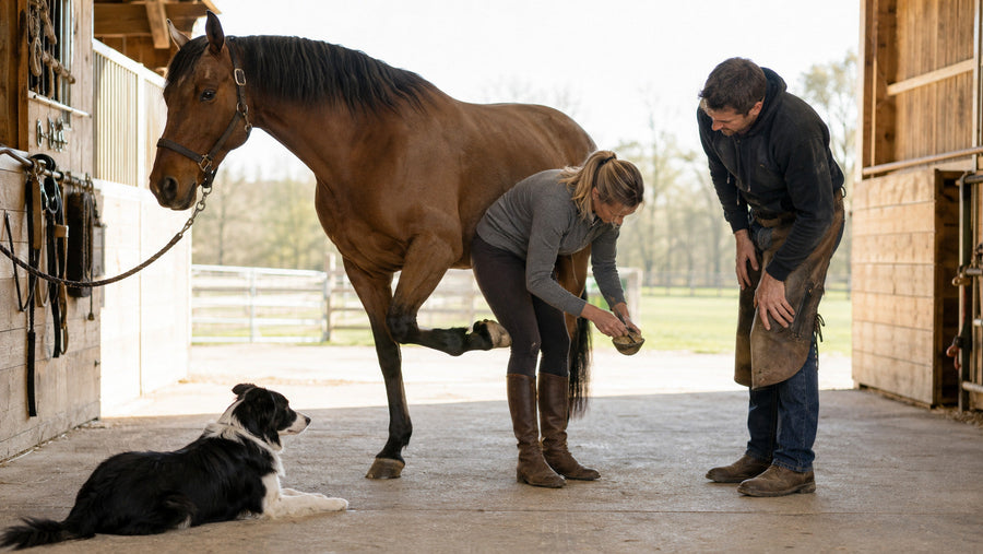 Horse owner cleaning a lifted hoof while a farrier observes