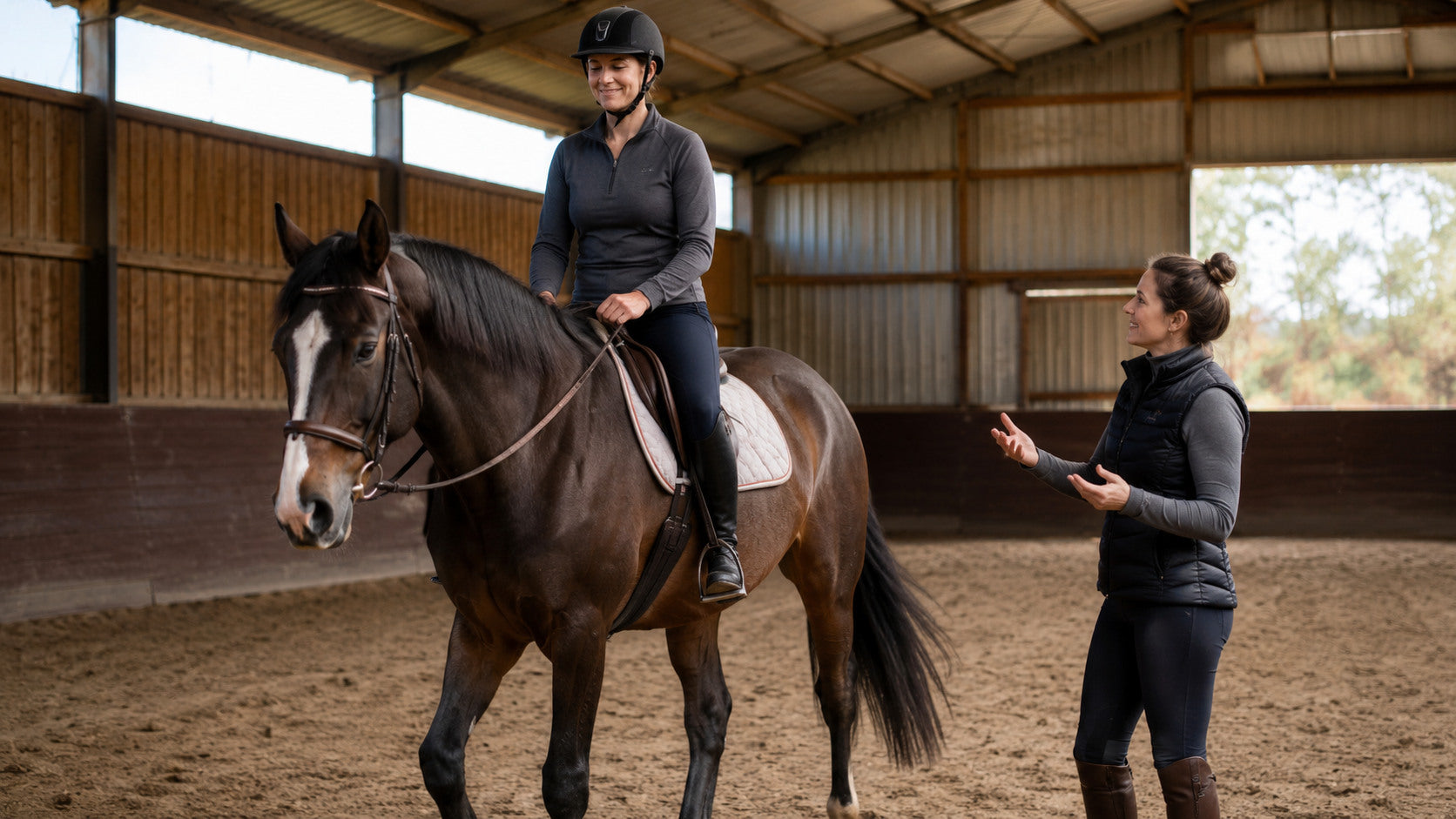Adult rider rebuilding confidence at the walk with an instructor