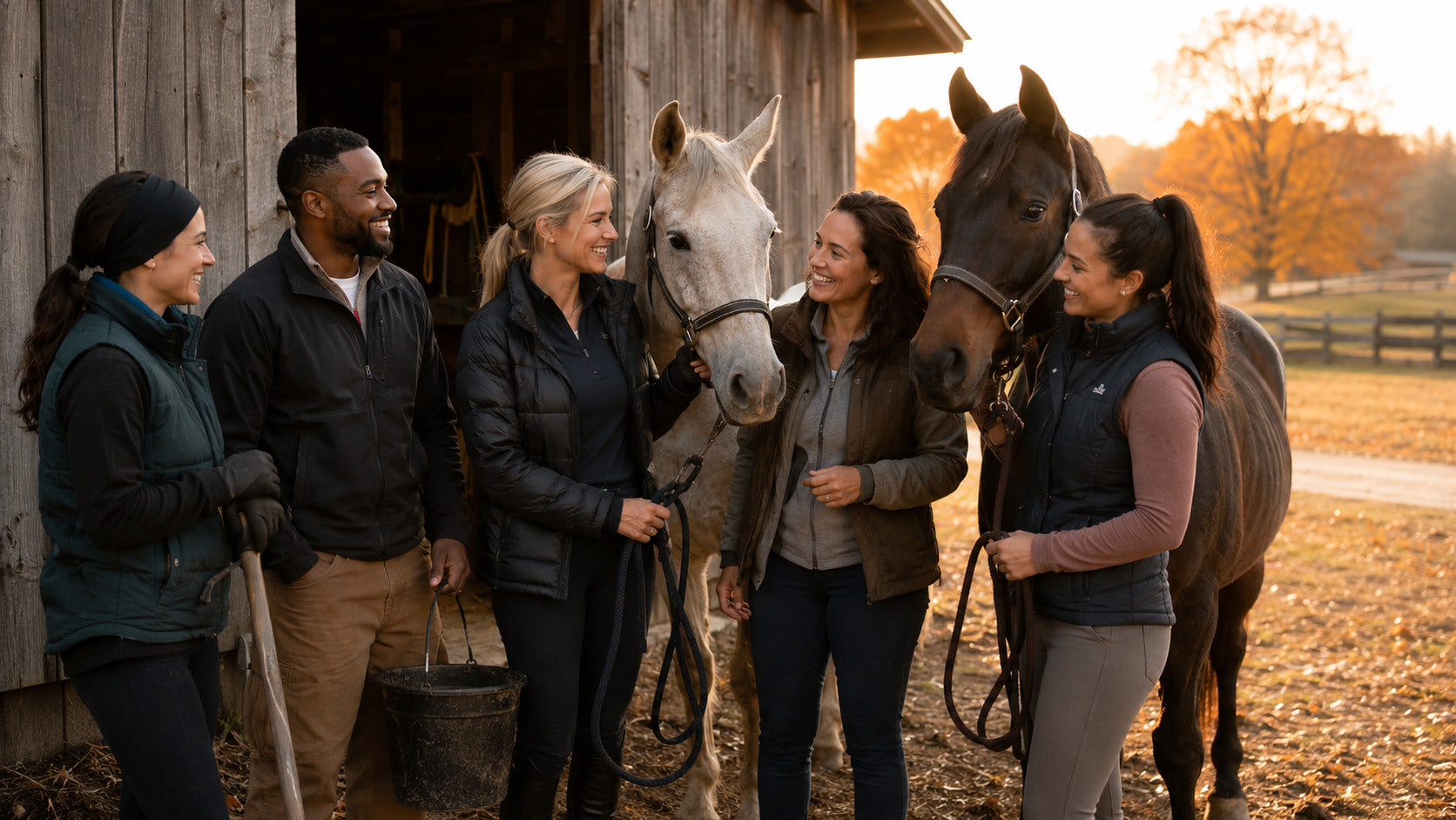 Riders and barn workers sharing a warm autumn moment with two calm horses