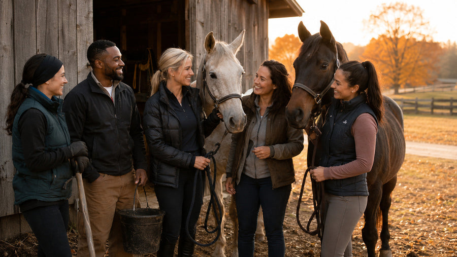 Riders and barn workers sharing a warm autumn moment with two calm horses