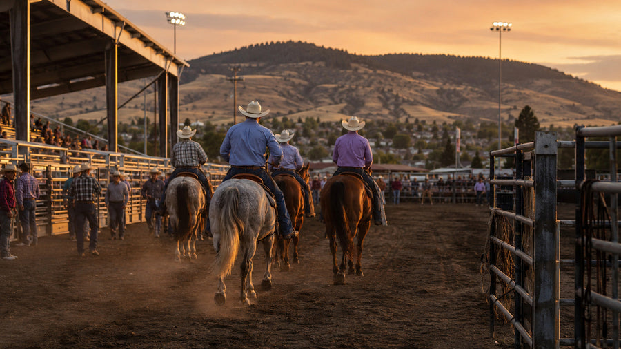 Western riders entering a rodeo arena in Ellensburg, Washington, at sunset