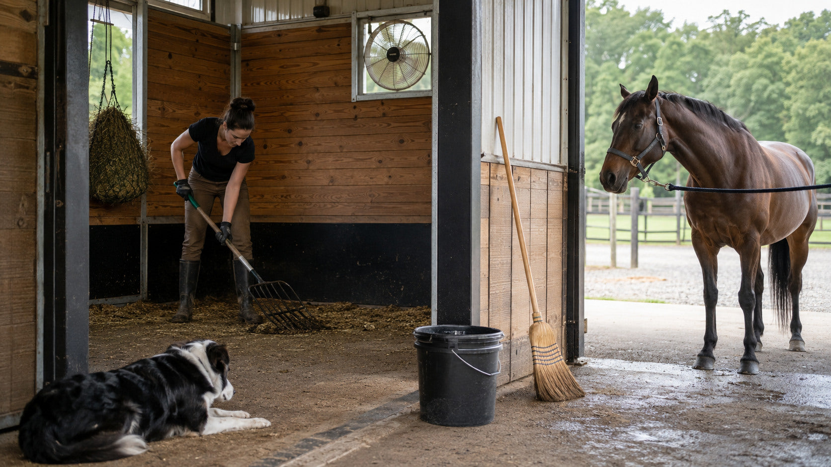 Barn worker cleaning a well-ventilated horse stall with the horse safely outside