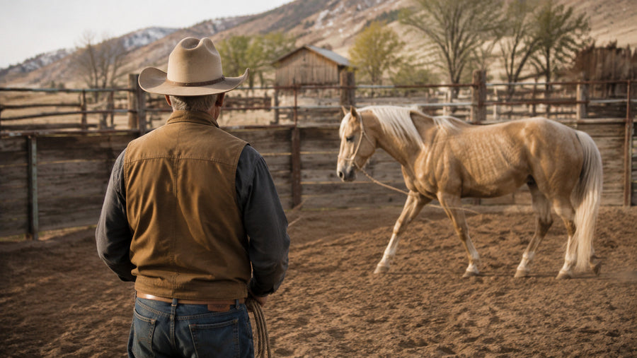 Older Western horseman quietly observing a horse in a ranch round pen