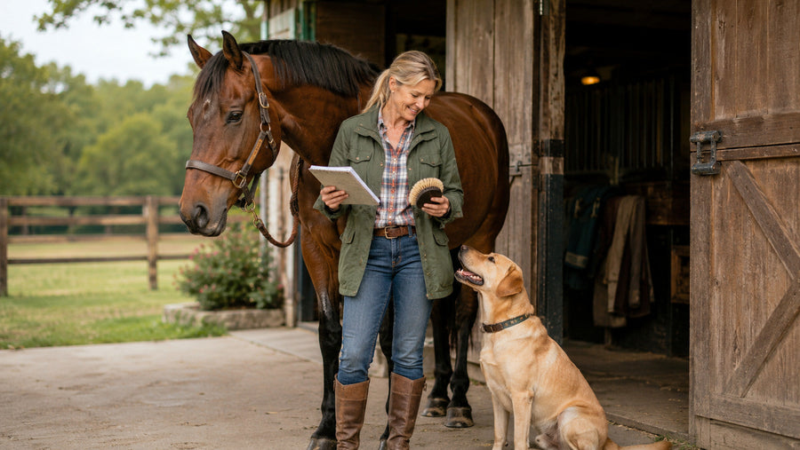 Horse owner with a horse and dog during a species-first care routine