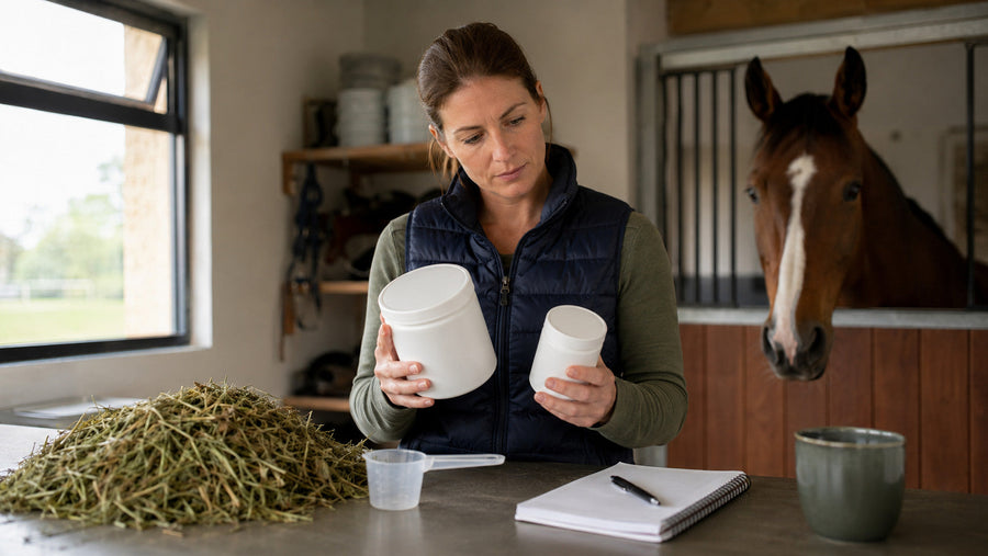 Horse owner comparing plain supplement containers and writing feed-room notes